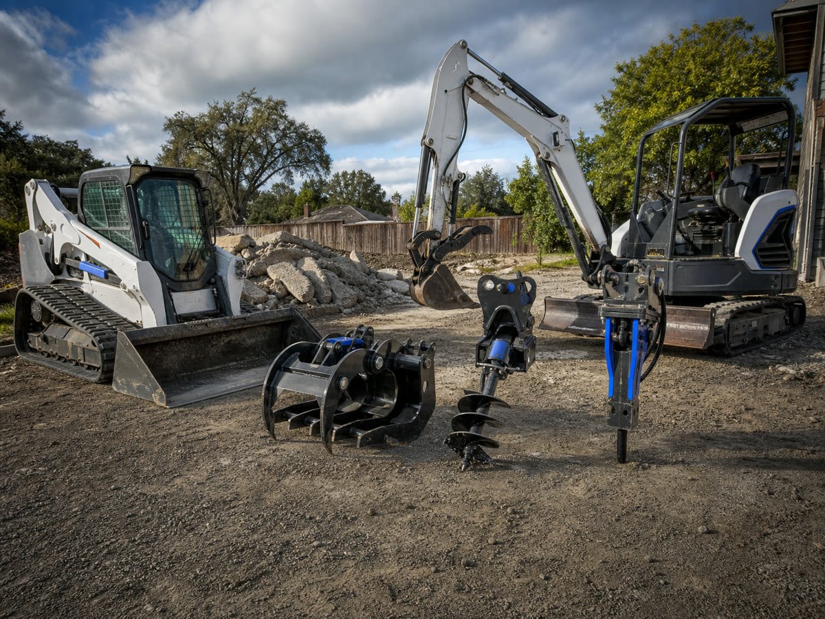 Grading bucket, grapple, auger and hydraulic breaker attachments