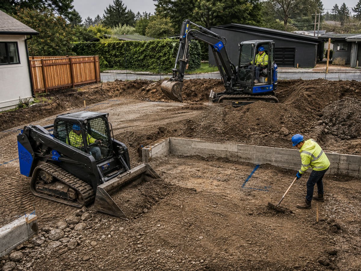 Compact loader and mini excavator coordinating on foundation prep
