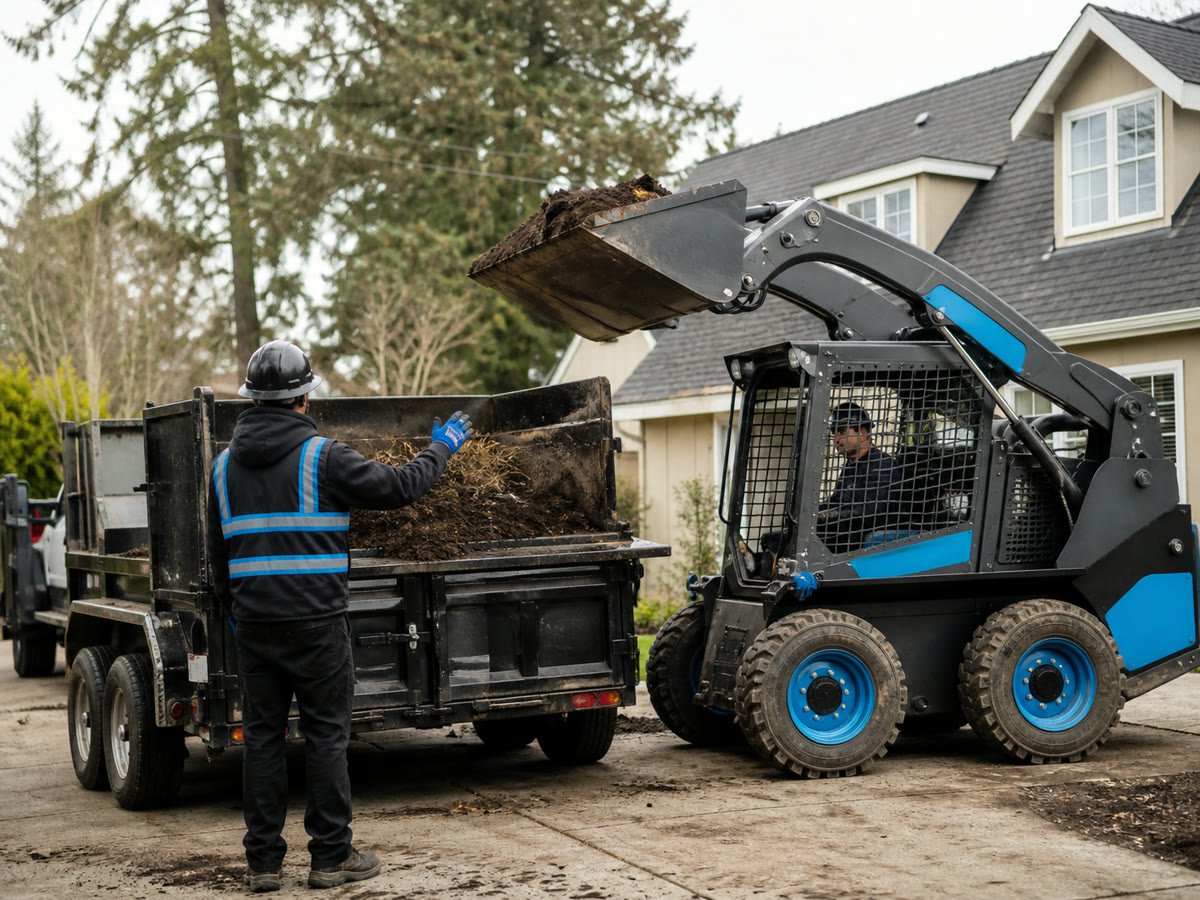 Compact skid steer loading soil and debris into a dump trailer