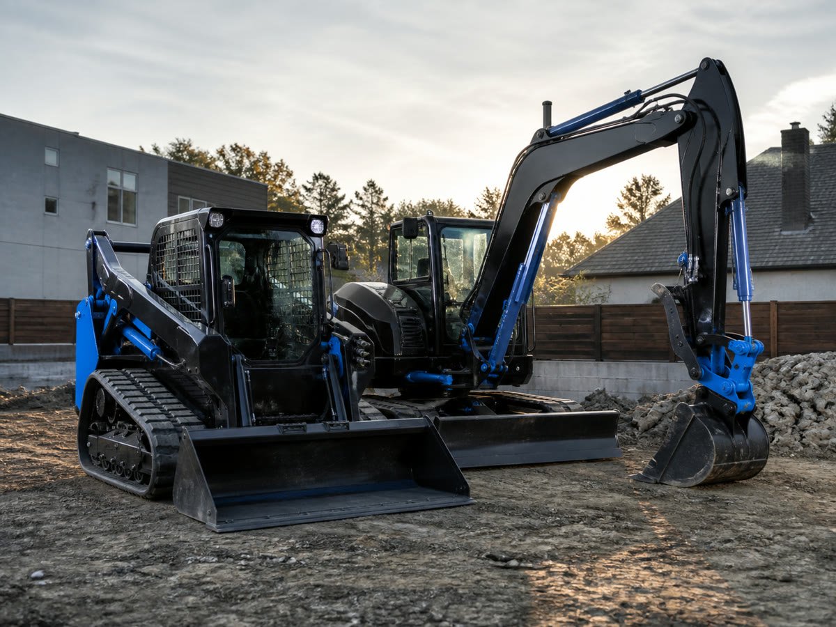 Compact loader and mini excavator parked together at dawn