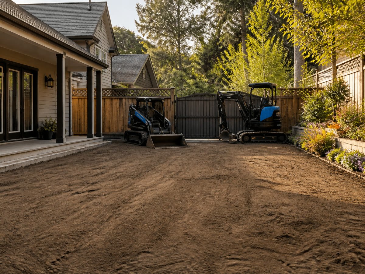 Backyard fully graded with the garden edges protected