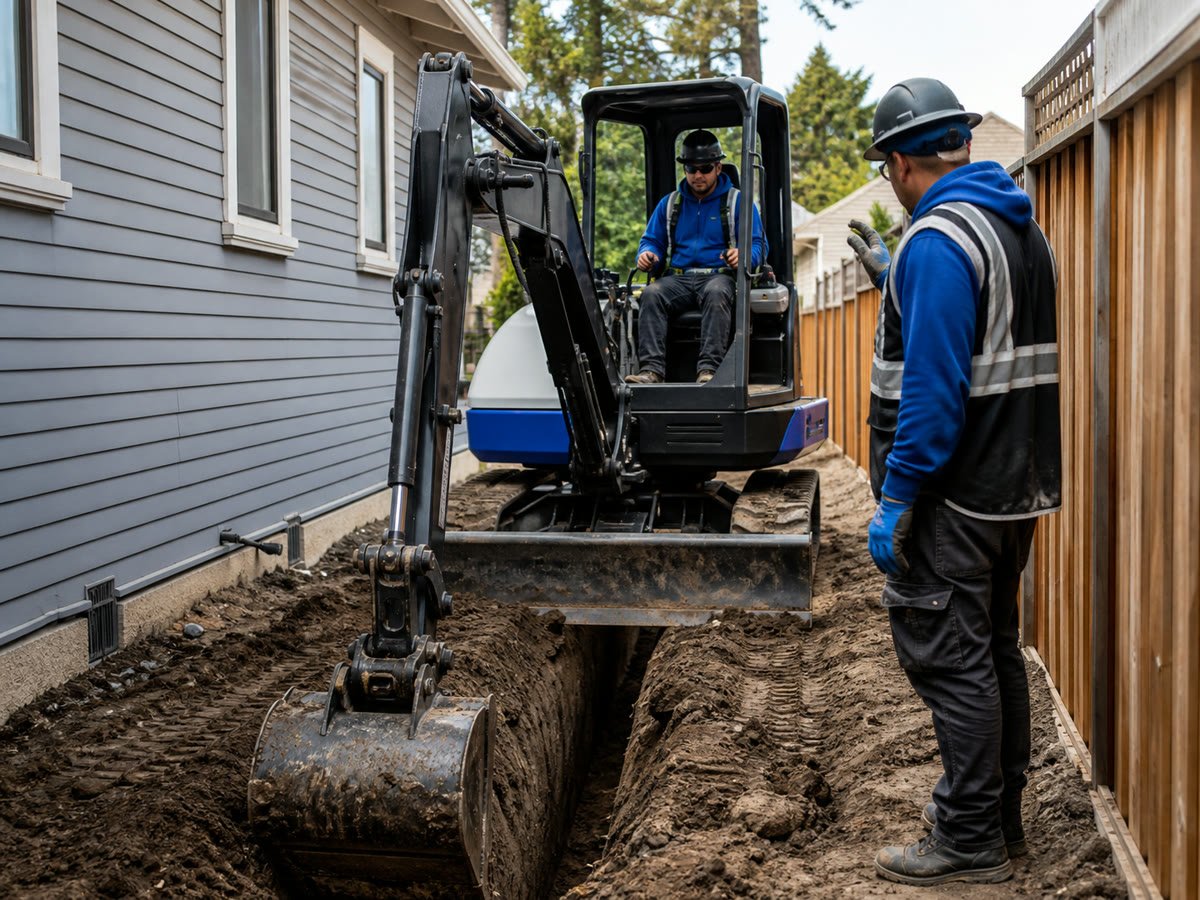 Mini excavator trenching through a narrow side yard with a spotter