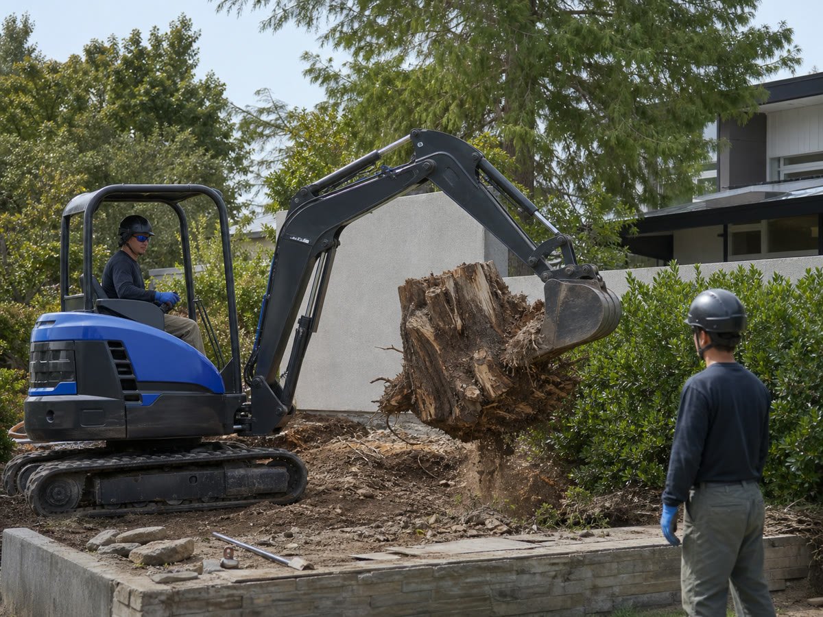 Mini excavator removing a stump from a landscaped yard