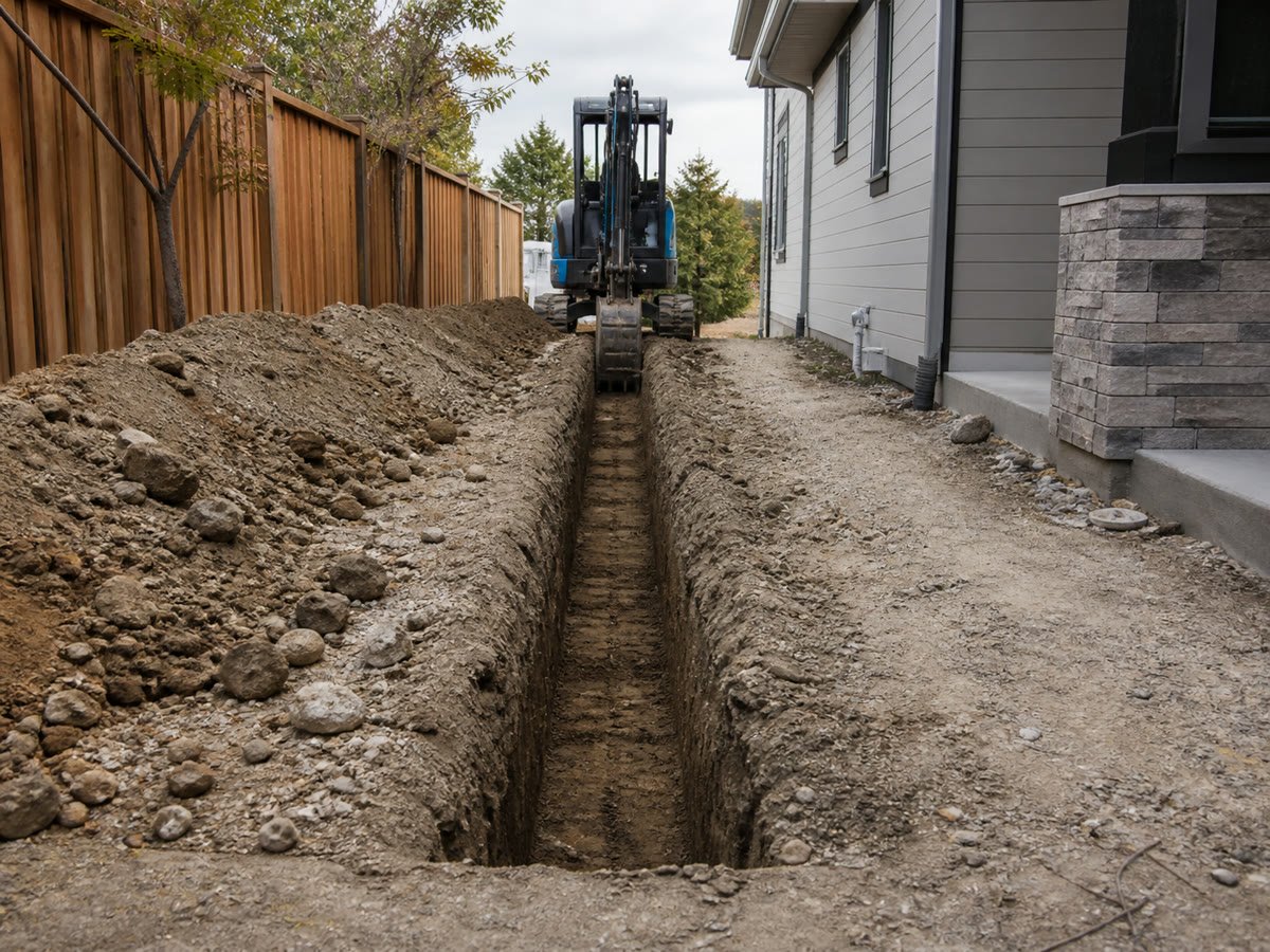 Narrow straight utility trench running beside the house