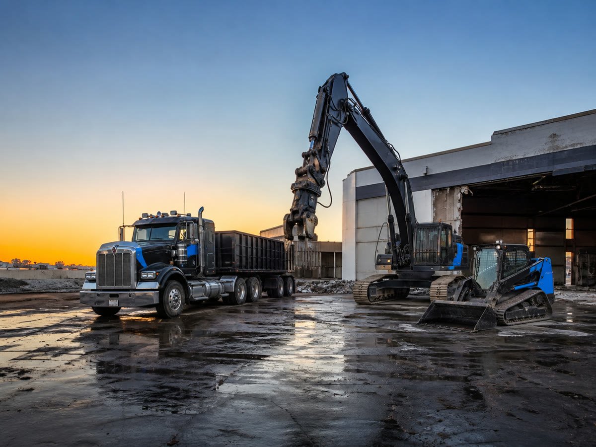 Roll off trucks and equipment staged before demolition begins