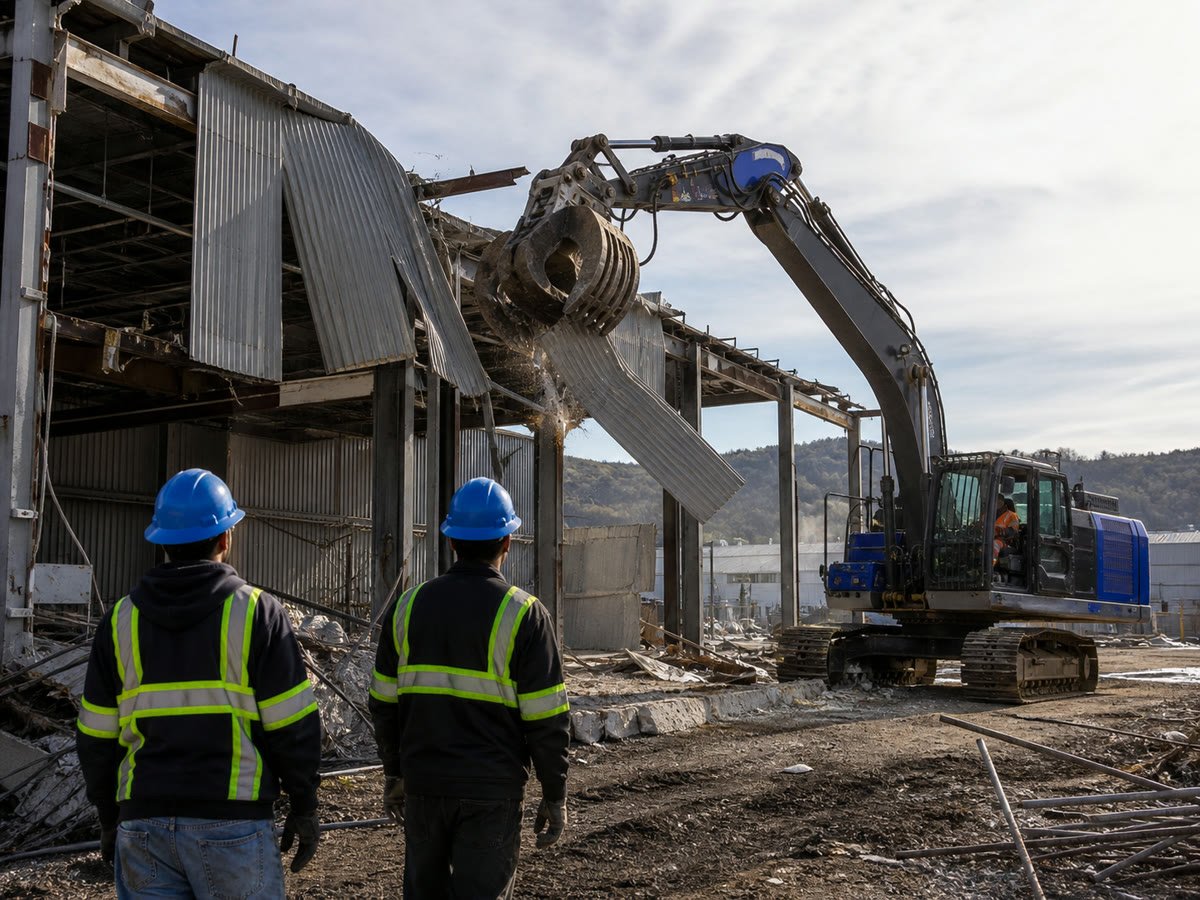 Grapple pulling corrugated wall and steel framing on a warehouse