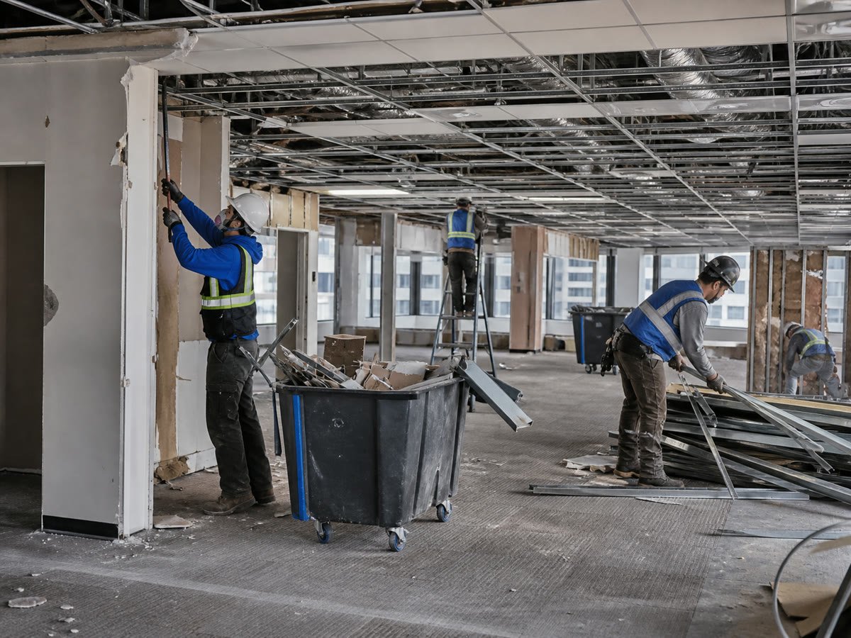 Selective interior office demolition, partitions and ceiling grid removed