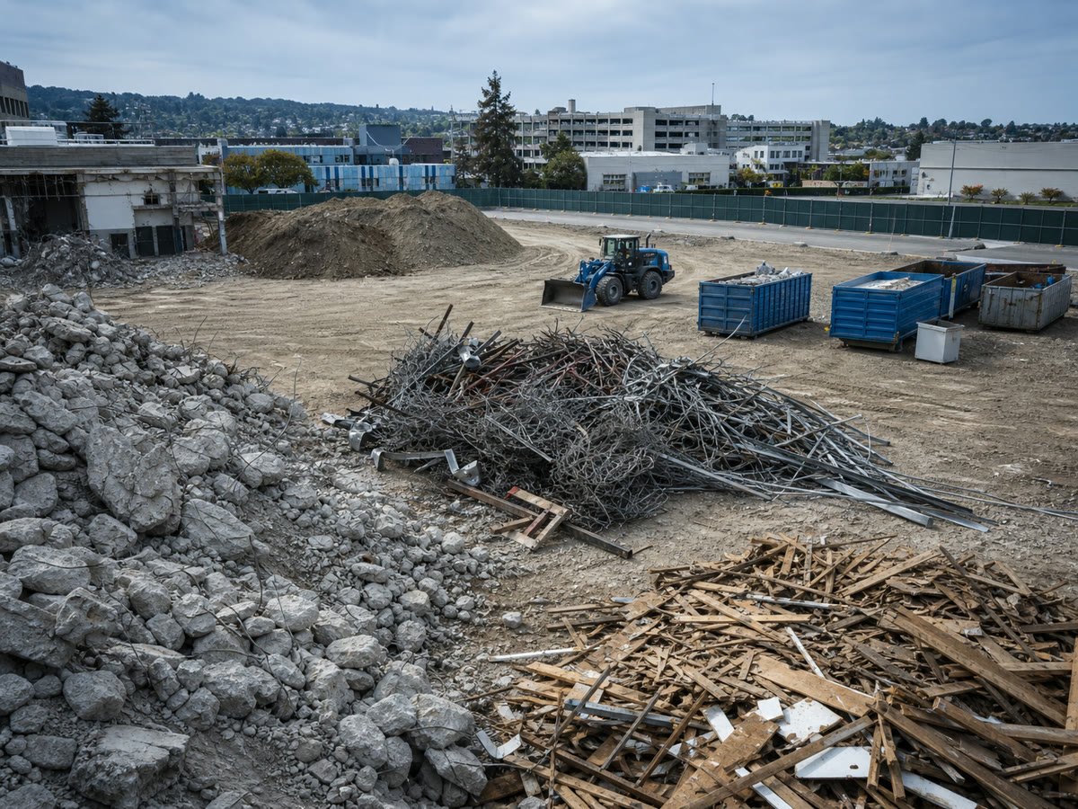 Concrete, steel and wood separated into organized recycling piles