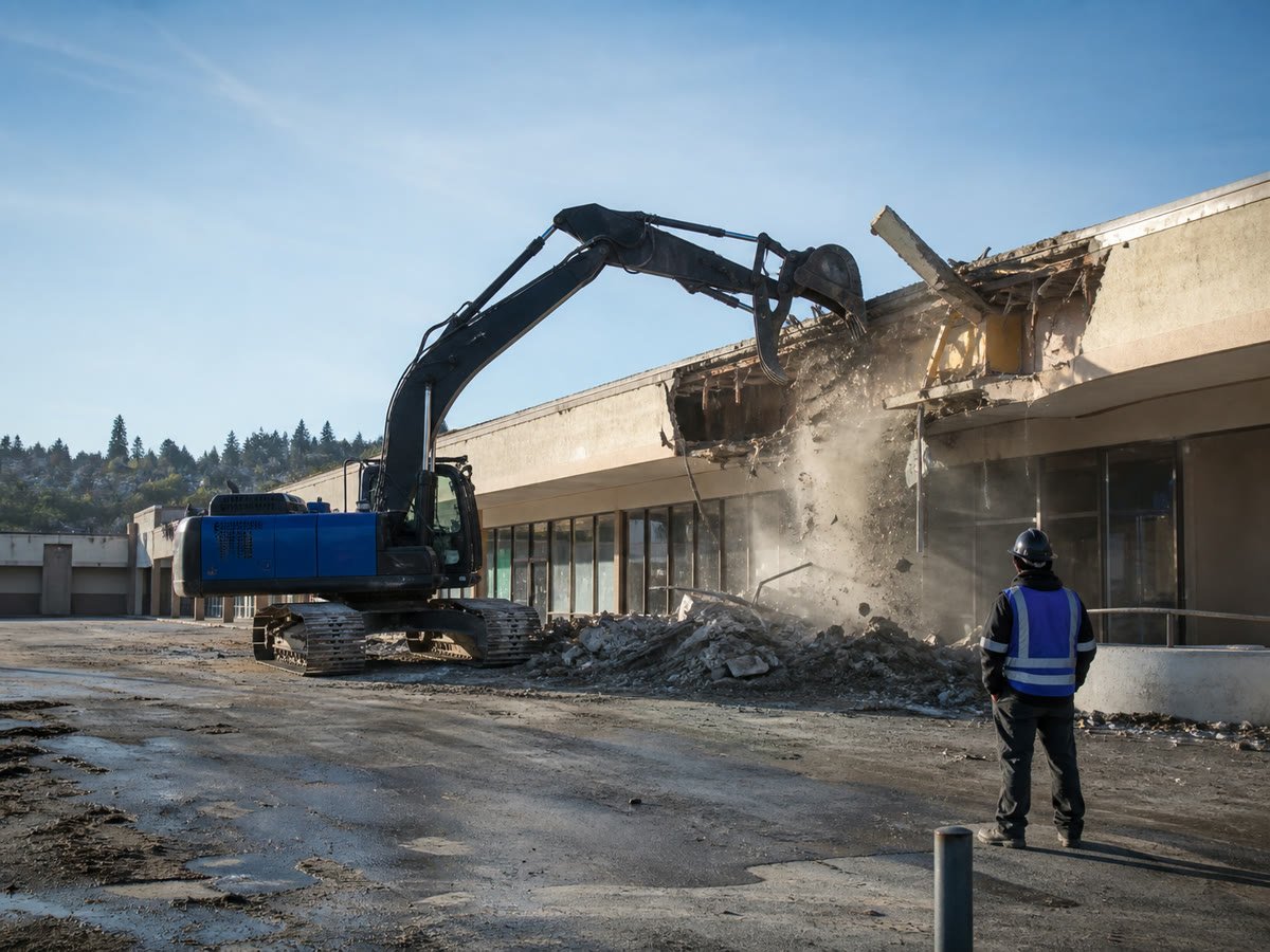 Excavator taking down a single story retail facade with controlled dust