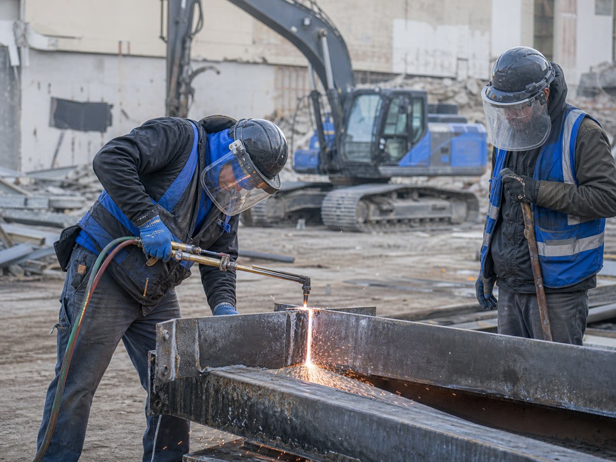 Separated steel framing cut safely with face shields and fire watch