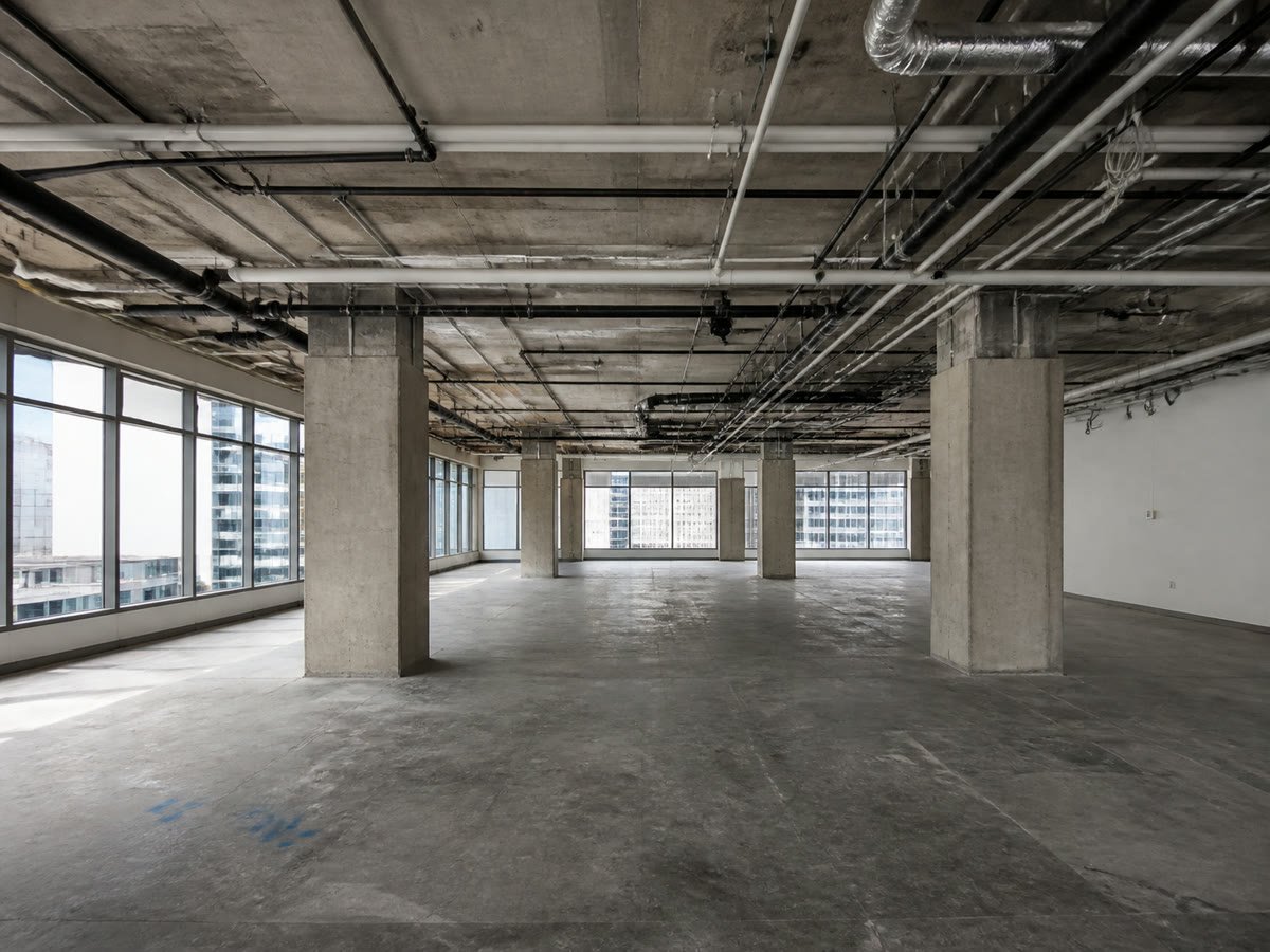 Office floor stripped clean to slab with columns and window light