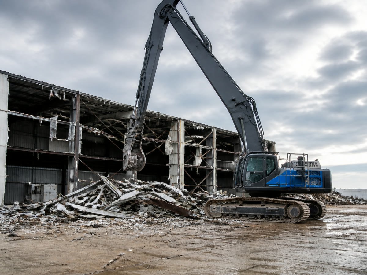 High reach excavator beside a partially demolished warehouse shell