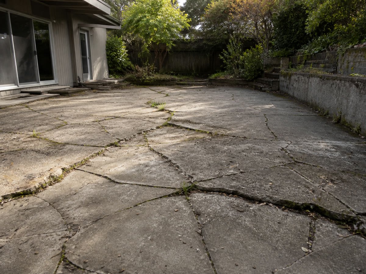 Severely cracked old concrete patio before removal