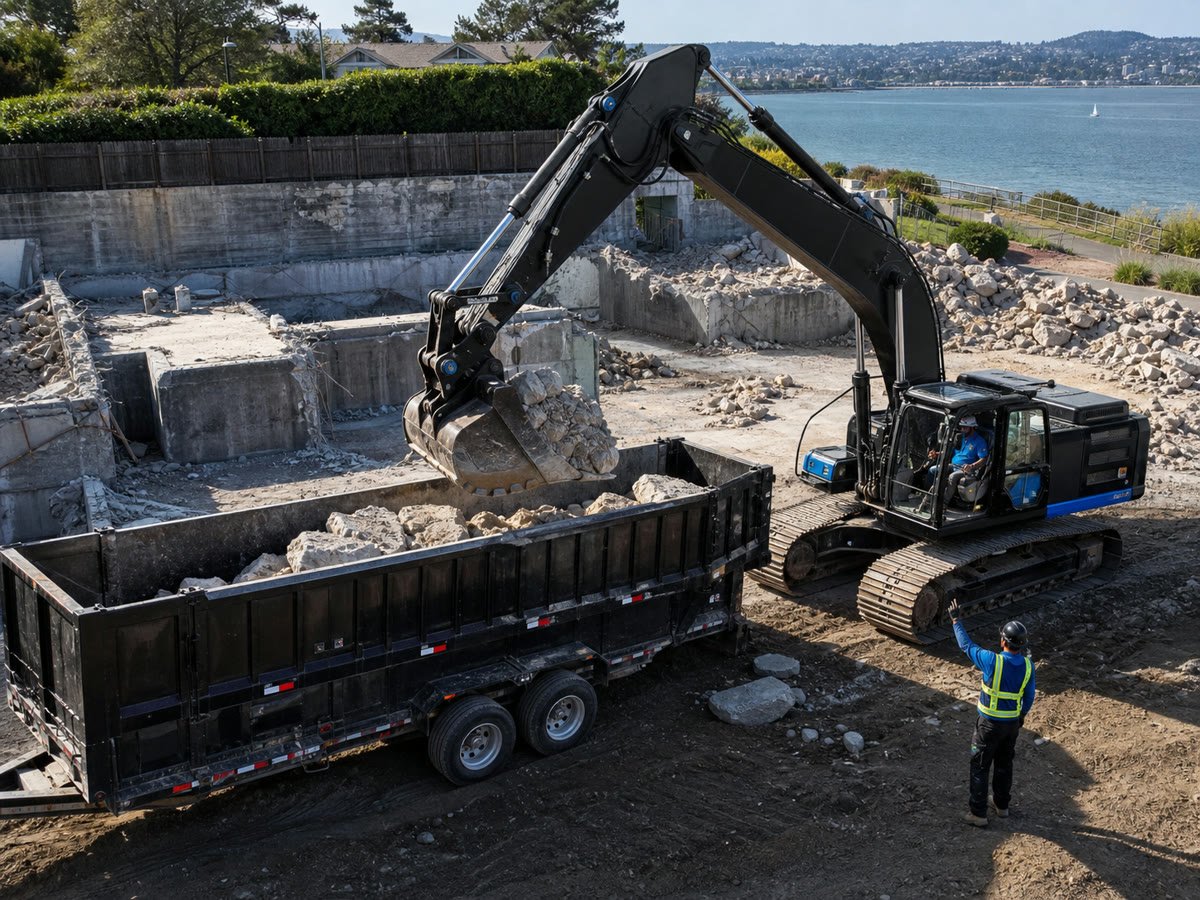 Concrete chunks loaded into a dump trailer with a worker directing