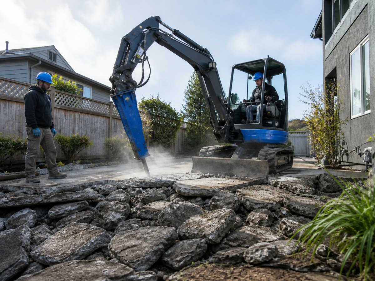 Hydraulic breaker working a large backyard slab with a safety spotter