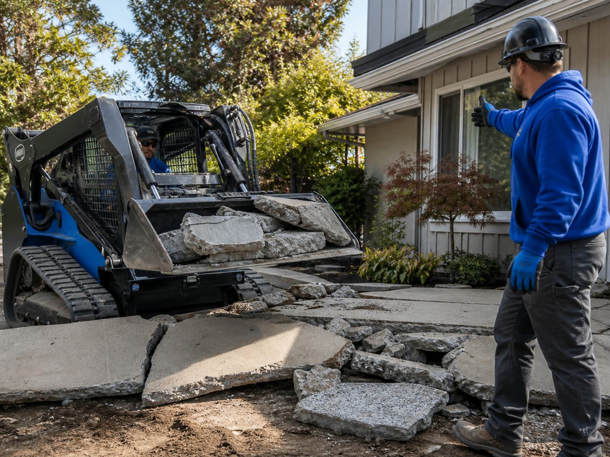 Skid steer lifting broken walkway slabs while a crew member guides