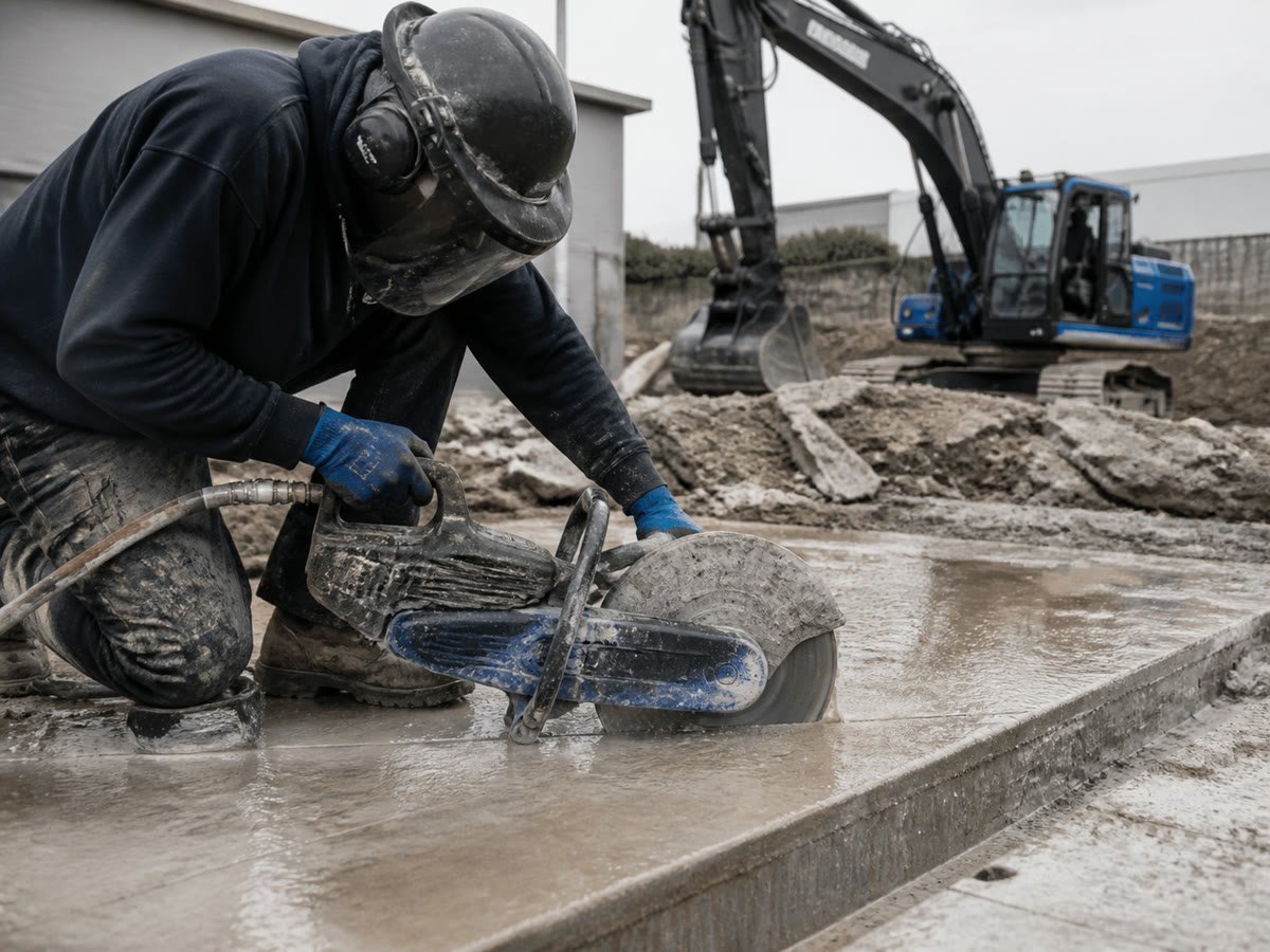 Wet saw cutting precise slab perimeter lines with proper protection