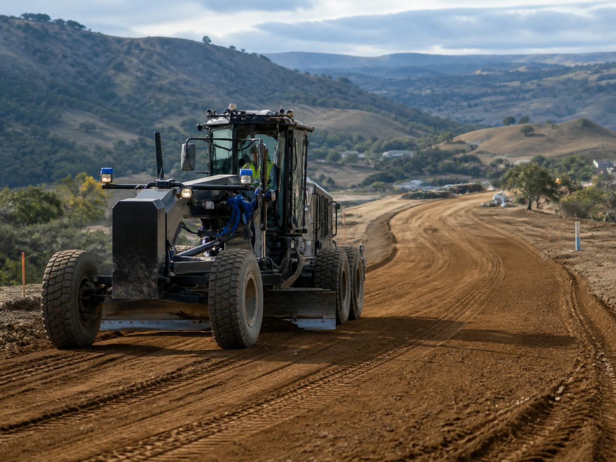 Motor grader smoothing a private access road and construction lot
