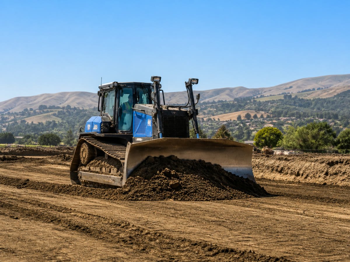 Bulldozer grading a large building pad with the East Bay hills behind