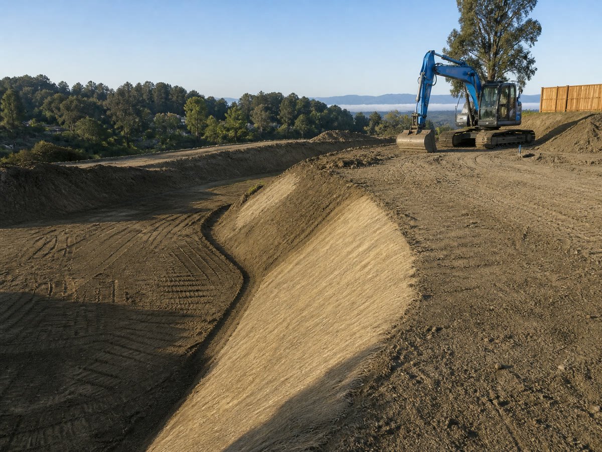 Shaped drainage slope and earth berm directing runoff away