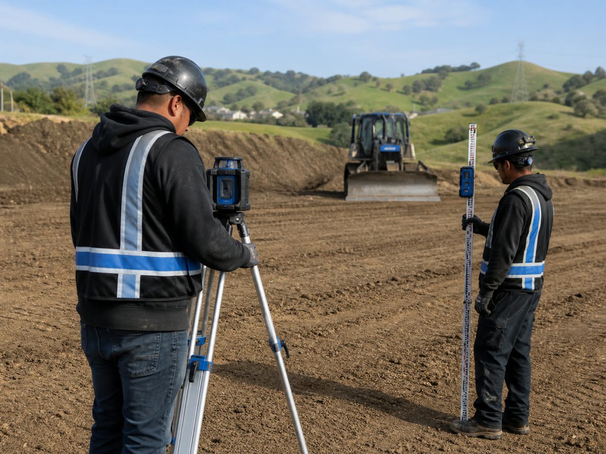 Crew checking final grade with a rotary laser and grade rod
