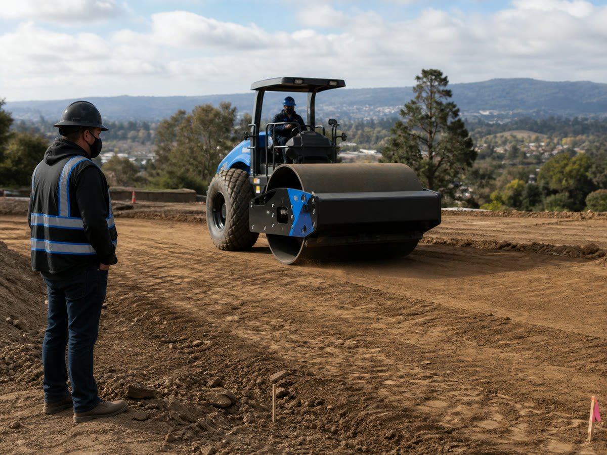 Vibratory compactor rolling engineered fill under supervision
