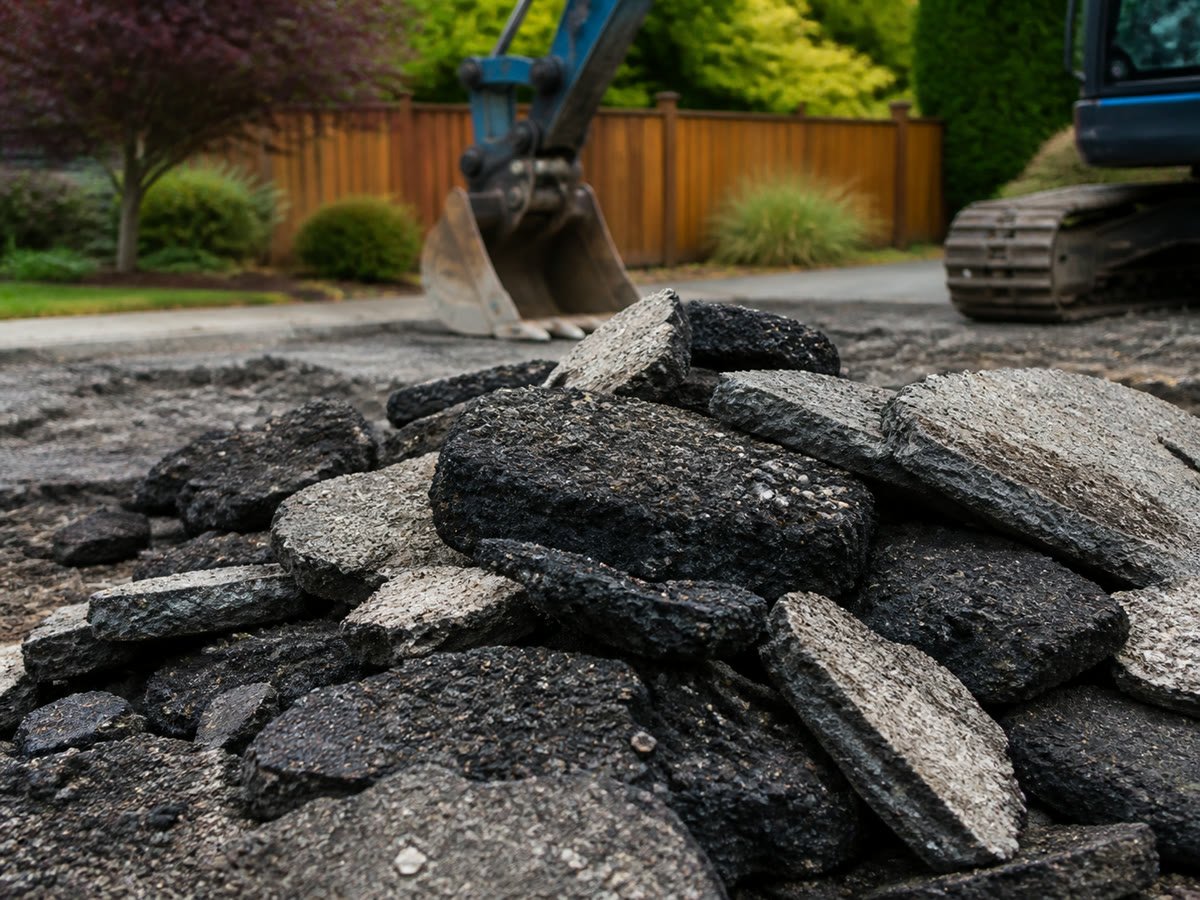 Separated asphalt chunks and concrete ready for recycling