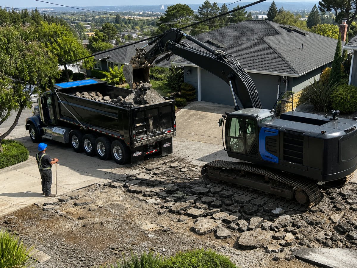 Dump truck receiving broken asphalt and concrete from the excavator