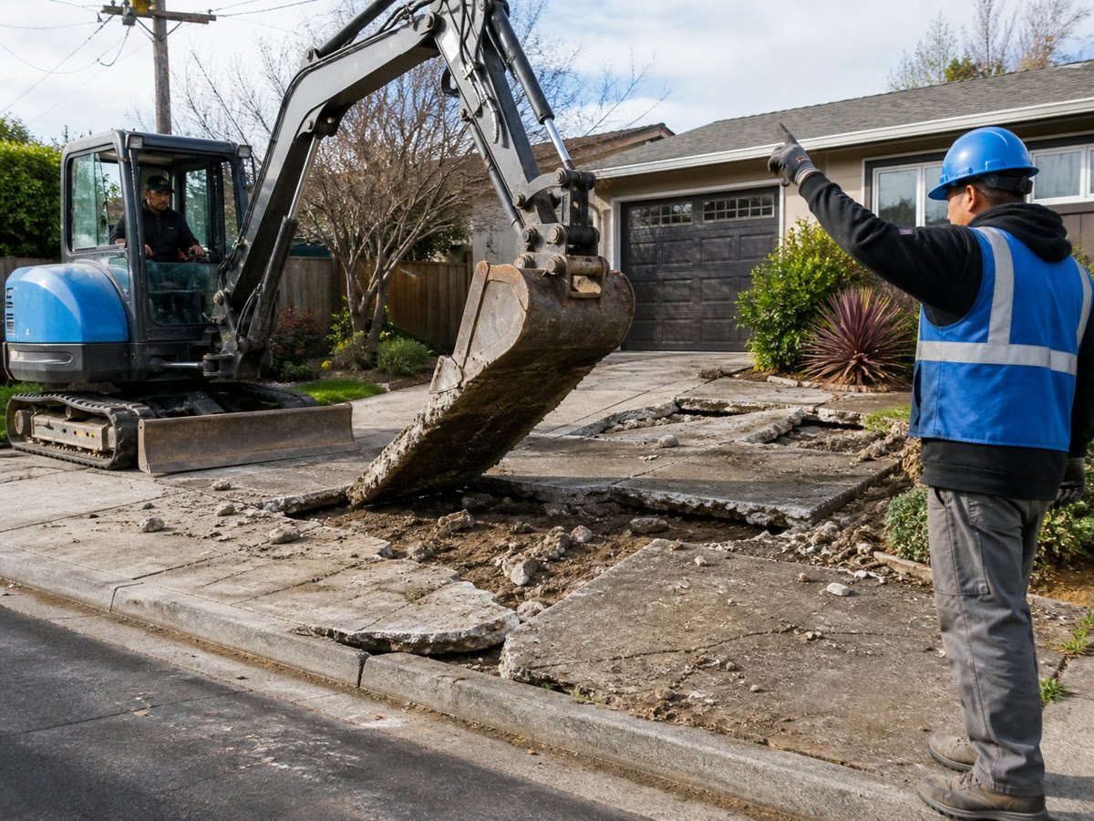 Compact excavator lifting old cracked driveway slabs near the curb
