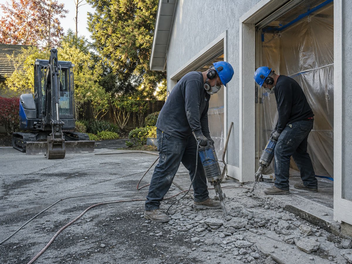 Jackhammer work near the garage threshold while protecting the building