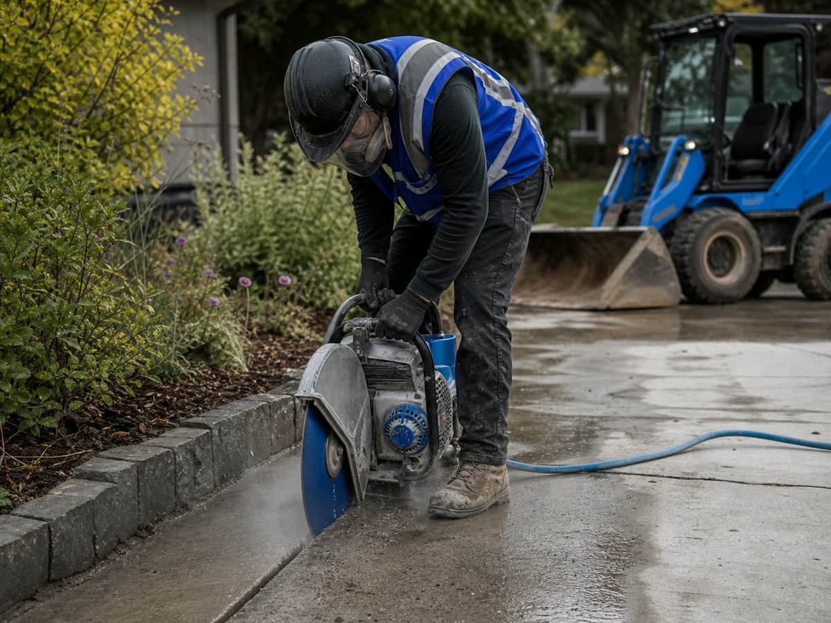 Wet saw cutting clean removal lines along the landscaped edge