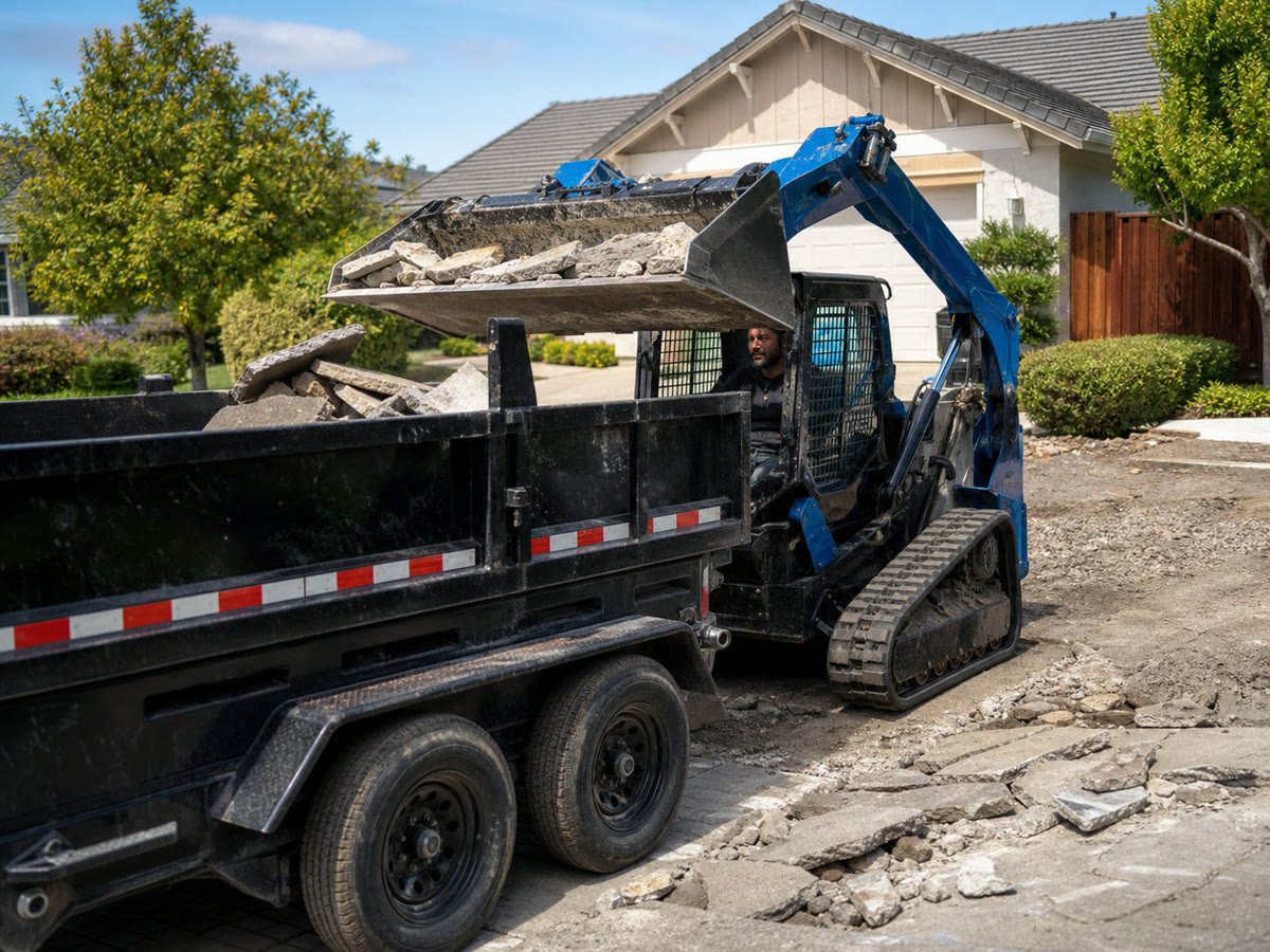 Skid steer loading broken driveway concrete into a dump trailer
