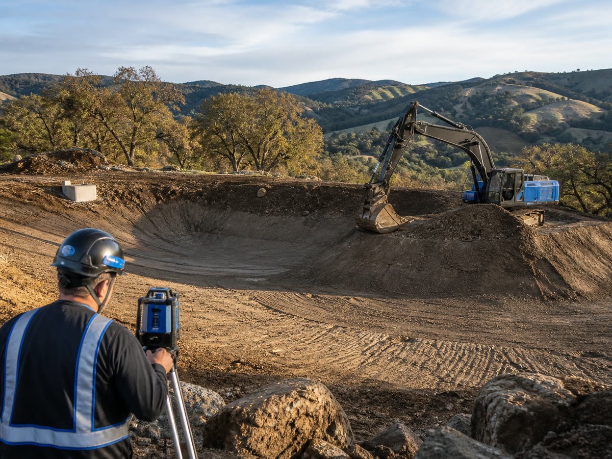 Drainage basin shaped while a worker checks elevation with a laser level