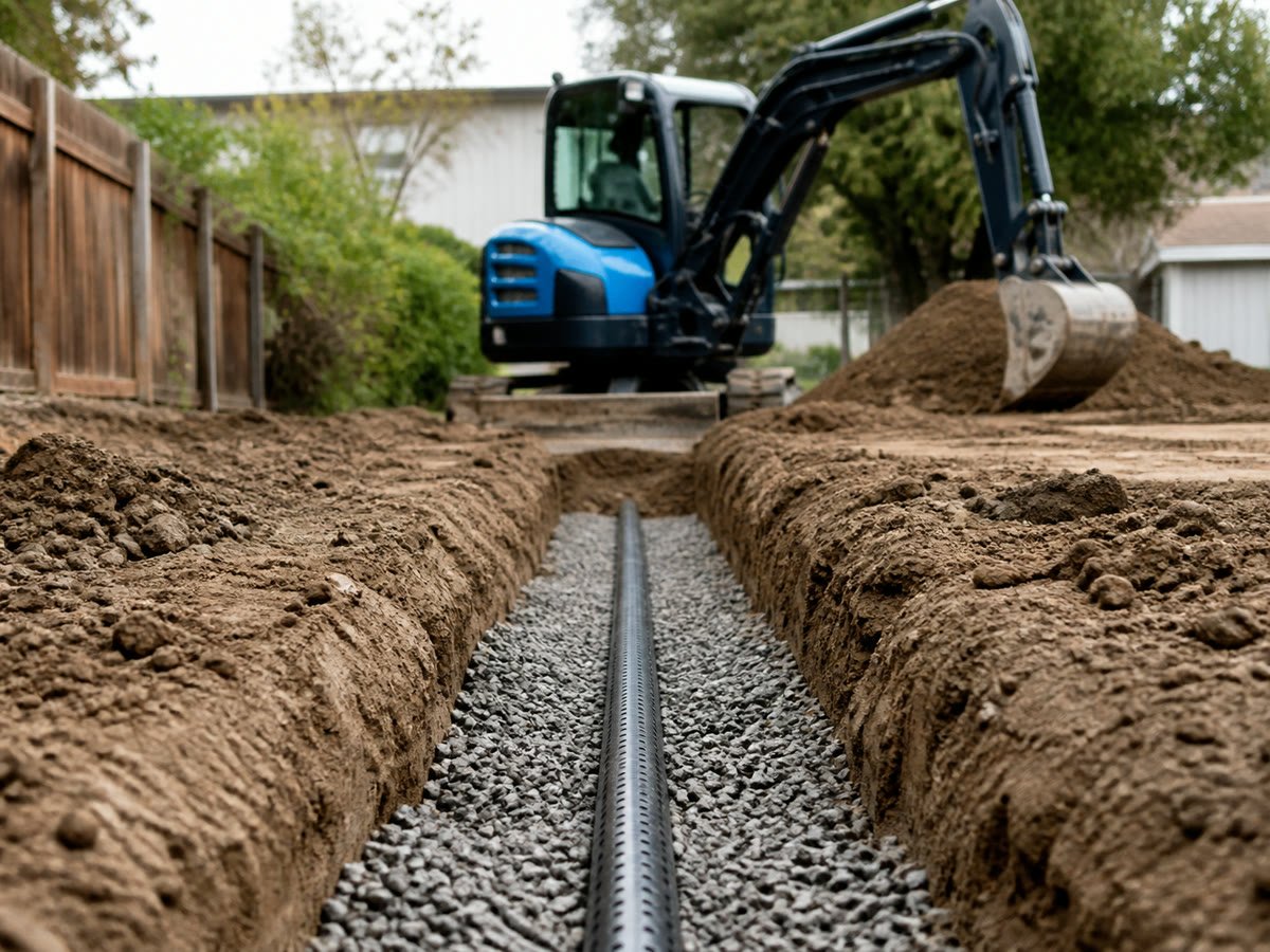 Gravel drainage trench with perforated pipe before backfill