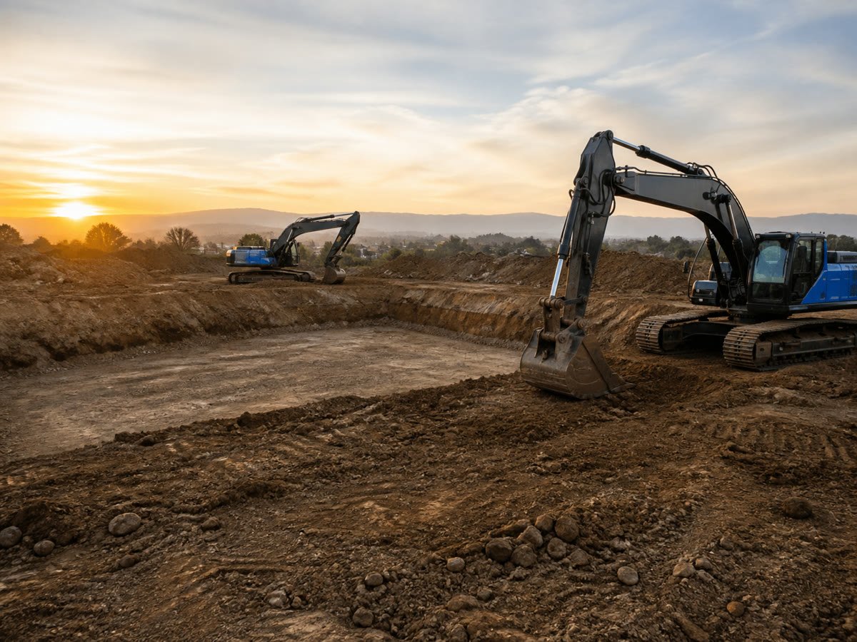 Expansive excavation site at sunrise with two staged excavators