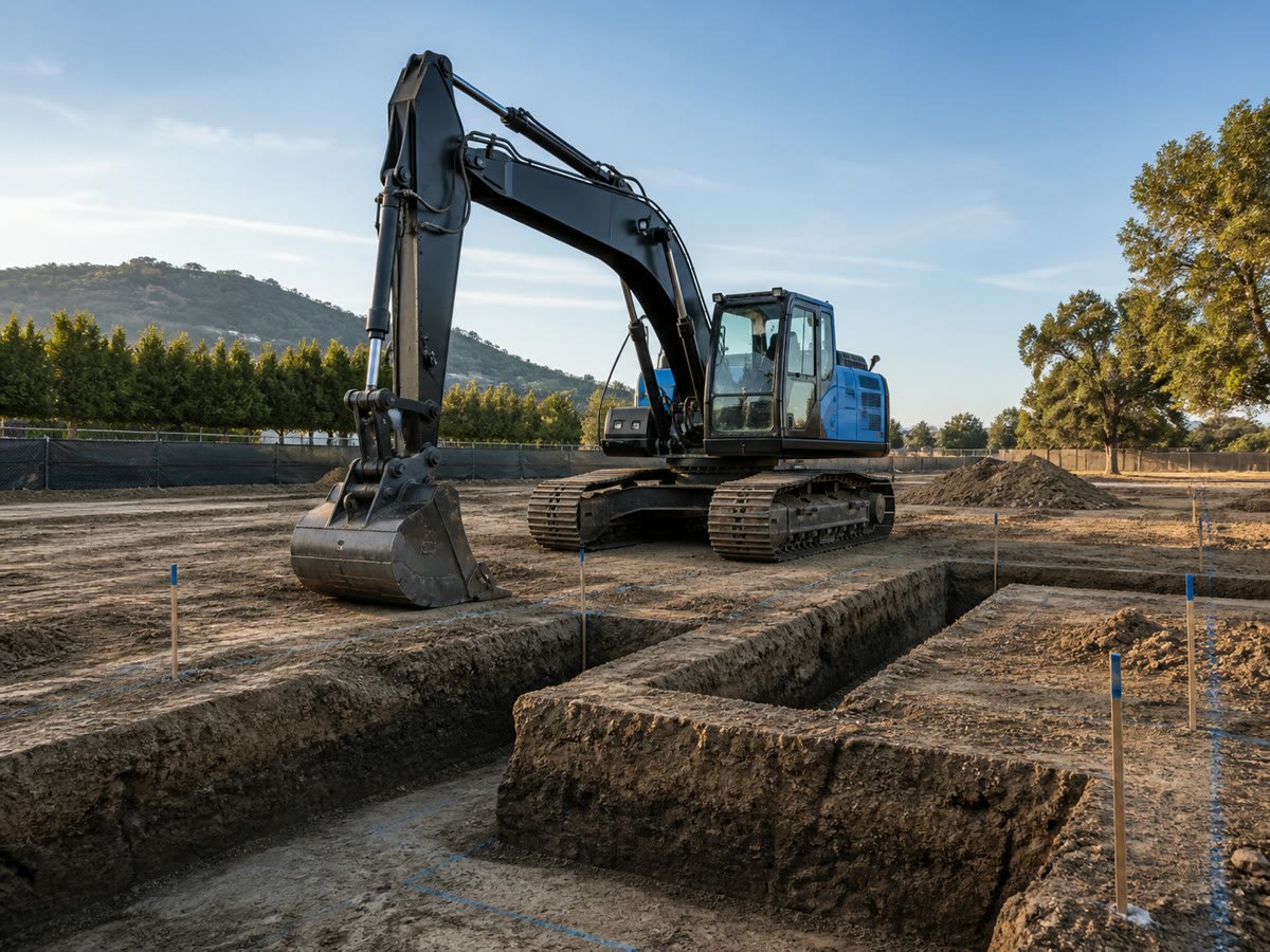 Straight footing trenches with grade stakes and the machine parked
