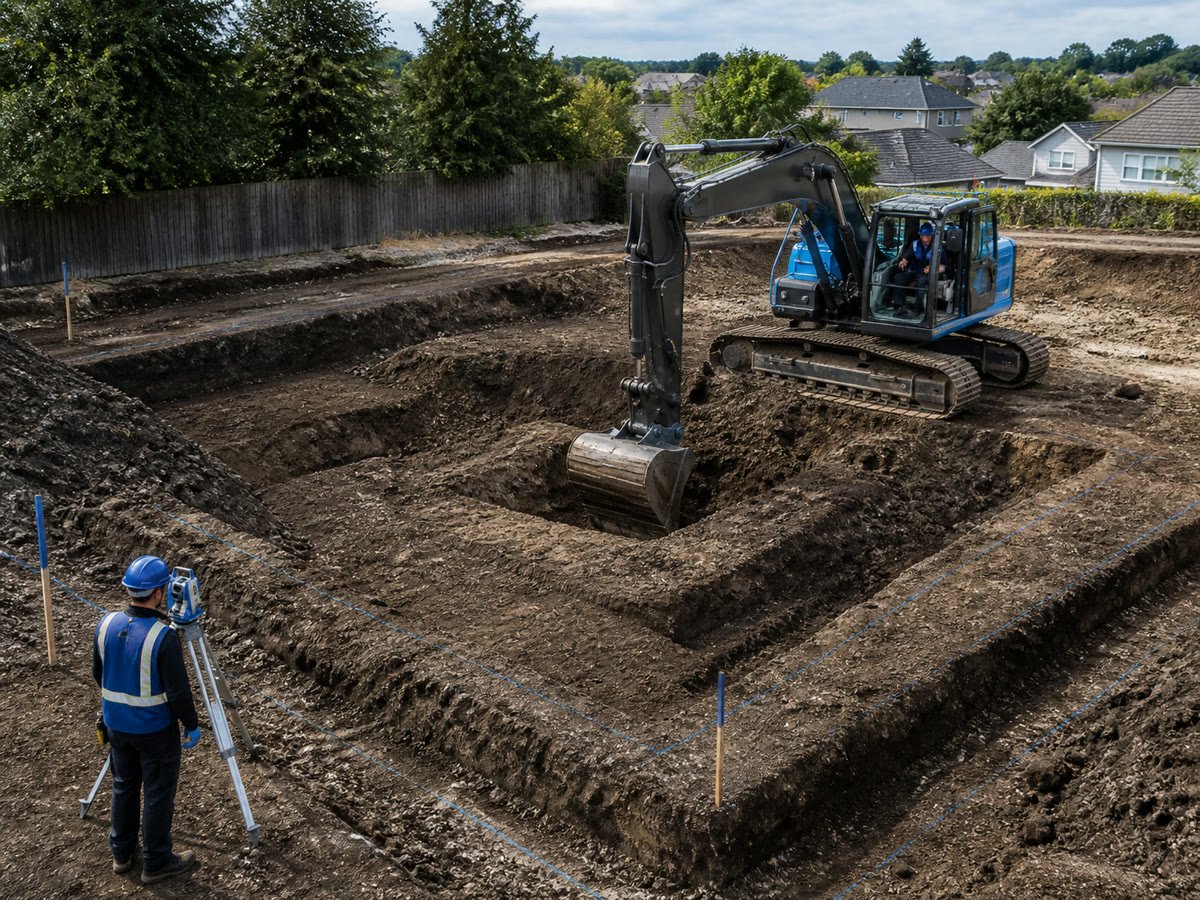 Excavator digging a residential foundation footprint with a surveyor