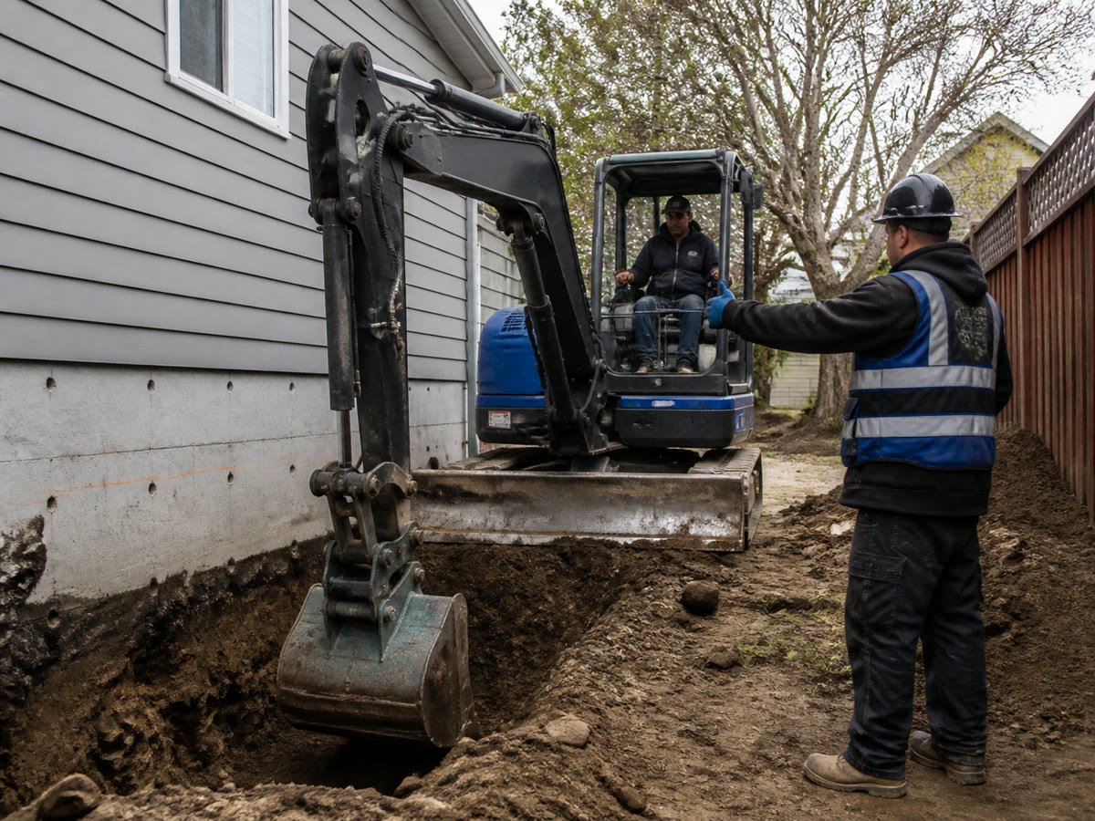 Compact excavator digging carefully beside an existing foundation