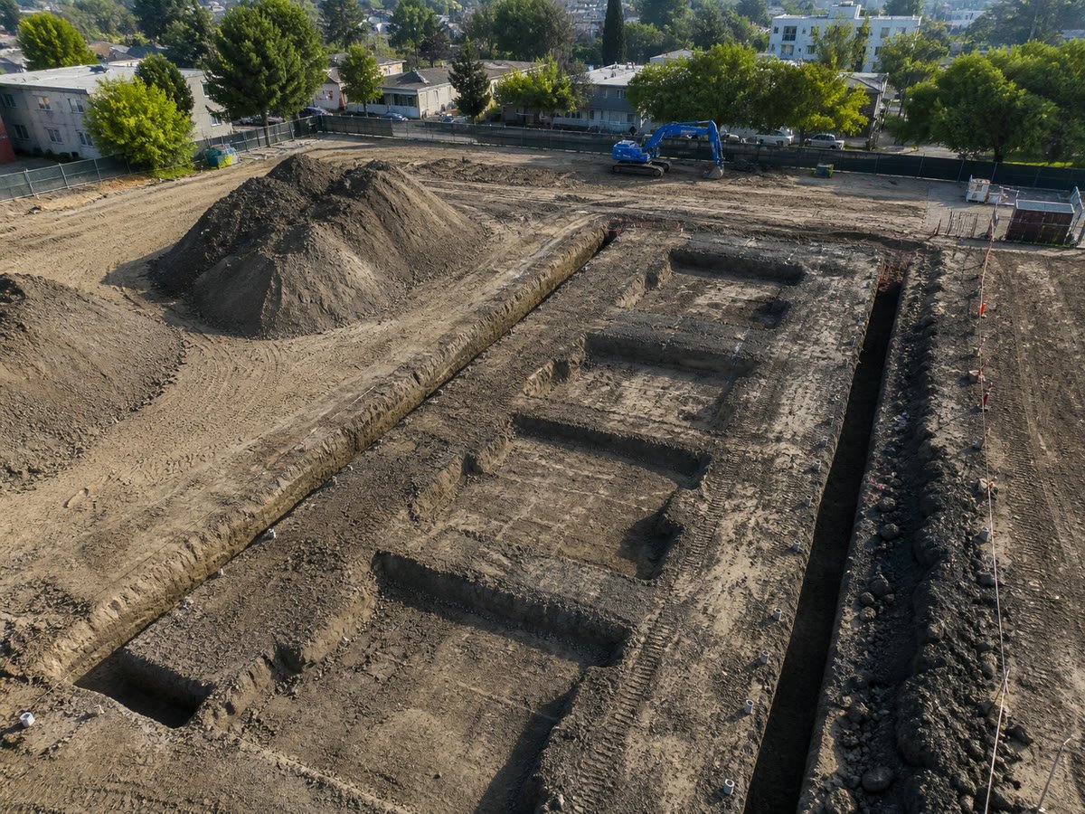 Freshly excavated trench network with an organized soil stockpile