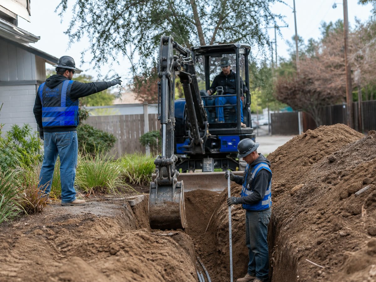 Mini excavator trenching for utilities with a spotter and grade checker