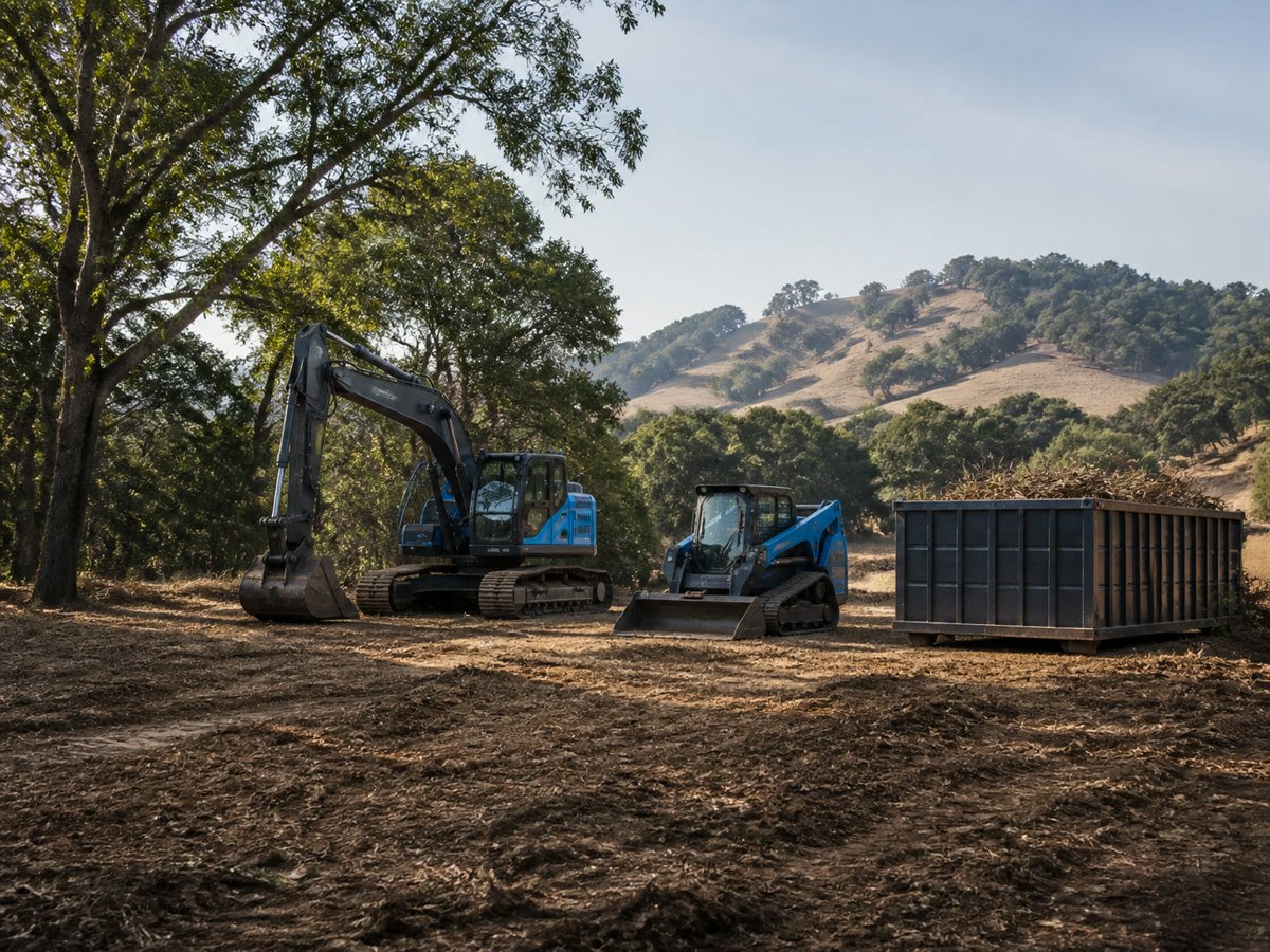 Excavator, skid steer and container staged beside the cleared lot