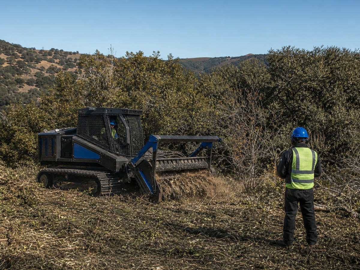 Tracked forestry mulcher clearing dense brush with a safety spotter