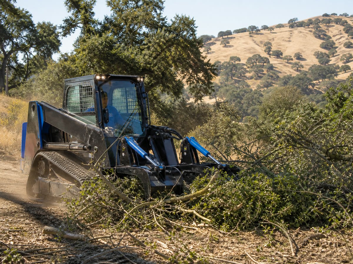 Skid steer with brush grapple clearing vegetation and branches