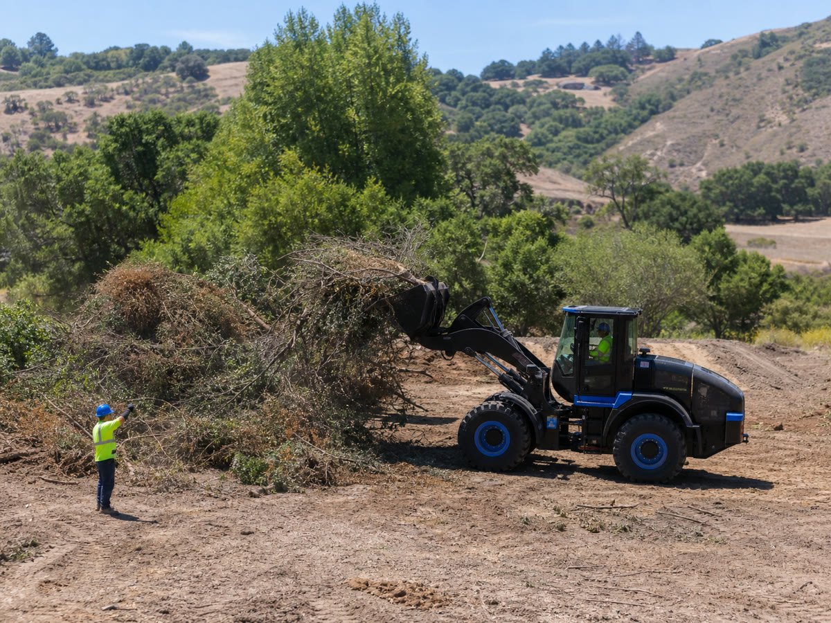 Wheel loader stacking storm debris and brush for haul off