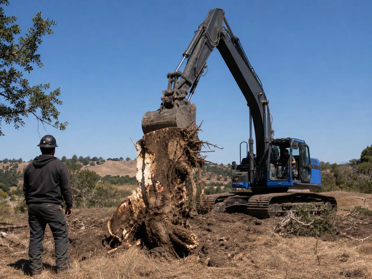 Excavator removing a large stump and root ball from the lot