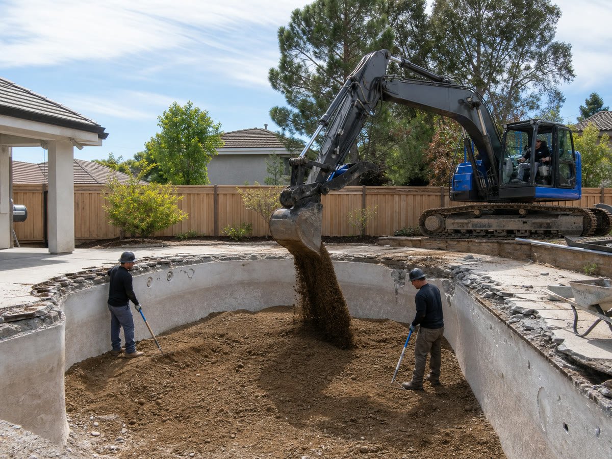 Crew backfilling the deep end with clean engineered fill in lifts