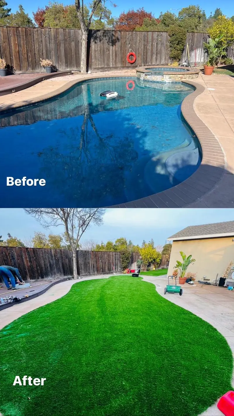 Before and after of an in-ground pool removed and the yard backfilled and graded flat