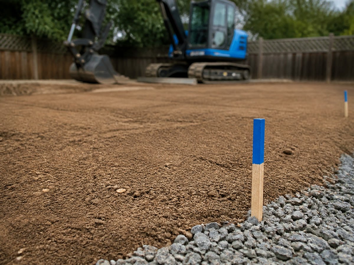 Compacted soil, drainage gravel and grade stakes in the pool area