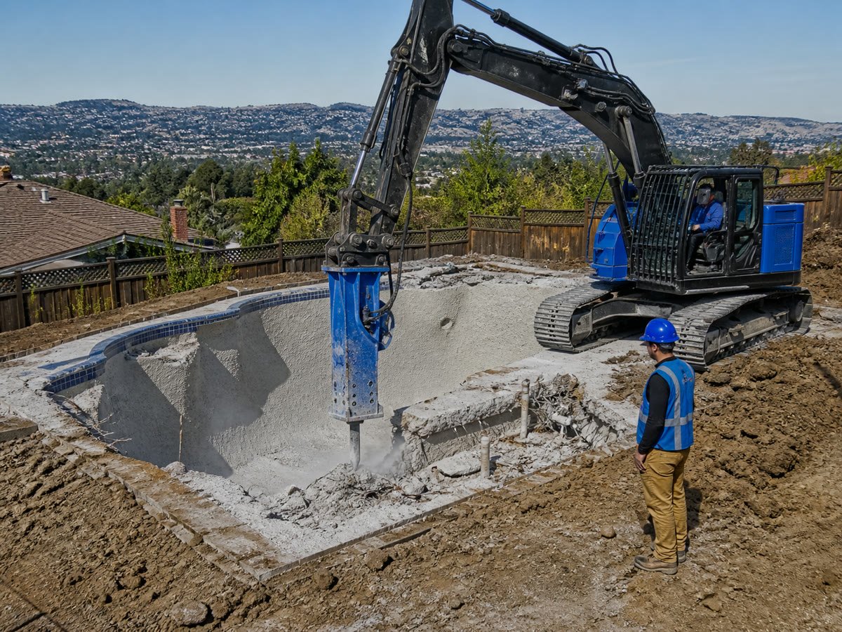 Hydraulic breaker fracturing an empty in ground pool shell
