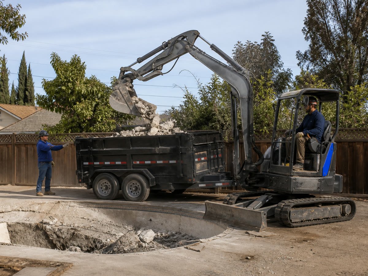 Mini excavator loading broken pool concrete into a dump trailer